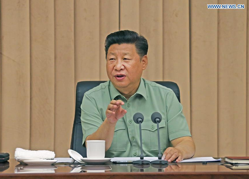 Chinese President Xi Jinping, also general secretary of the Communist Party of China Central Committee and chairman of the Central Military Commission, delivers a speech during an inspection of the offices of the People's Liberation Army (PLA) Strategic Support Force, Aug. 29, 2016. (Xinhua/Li Gang)