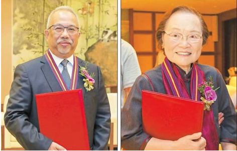 Wong Fatt Heng and Linda Tsao Yang pictured after receiving Honorary Citizens of Shanghai awards, the city&apos;s top honor for foreigners. 