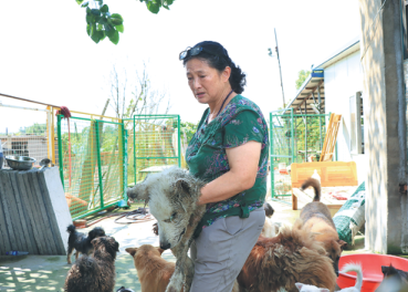 Hu Xiuping with her dogs at her farm. [Photo by Zhu Lixin/China Daily]