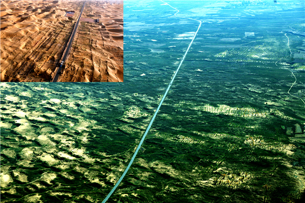 1999年位于杭锦旗库布其沙漠境内的穿沙公路修通，此后，杭锦儿女将穿沙精神贯穿到造林绿化中，用绿色守卫着这条“黄金通道”。图为穿沙公路绿化对比图。.png