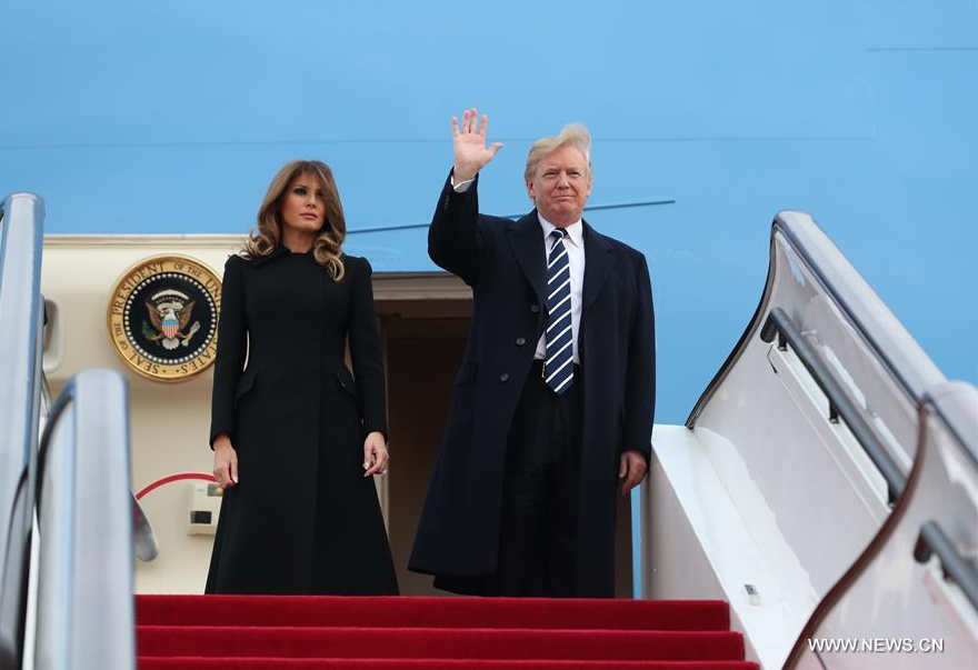 U.S. President Donald Trump (R) arrives in Beijing on Nov. 8, 2017, starting his state visit to China. (Xinhua/Pang Xinglei) 
