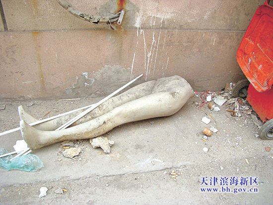 天津汉沽小区内现逼真塑料腿 过往路人惊魂