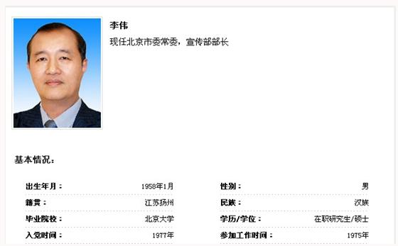 李伟任北京市委常委、宣传部部长