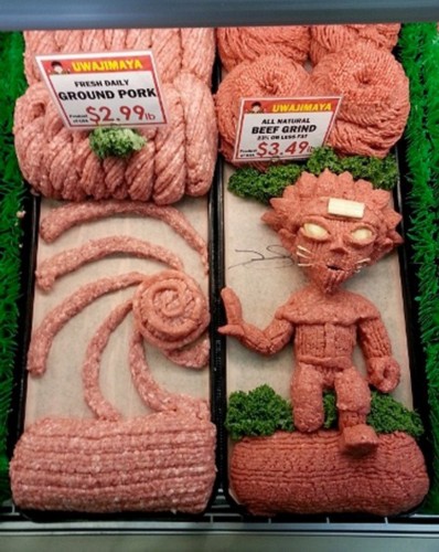 超市摆肉大叔推出逆天神作 肉肉们也能萌萌哒