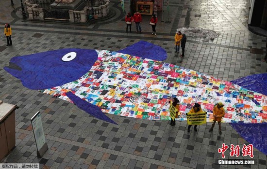 奥地利环保人士用购物袋拼巨形鱼 抗议海洋污