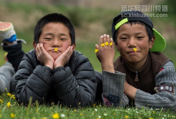 5月31日,雅江县西俄洛乡康巴汉子村,孩子们在草地上玩耍.