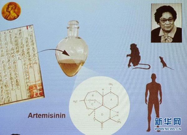 卡罗琳医学院"诺贝尔大厅"的大屏幕显示中国女科学家屠呦呦的科研成果