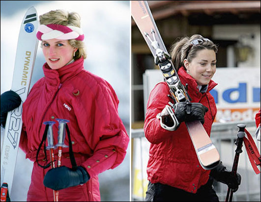 图中戴安娜和凯特都穿着红色滑雪服