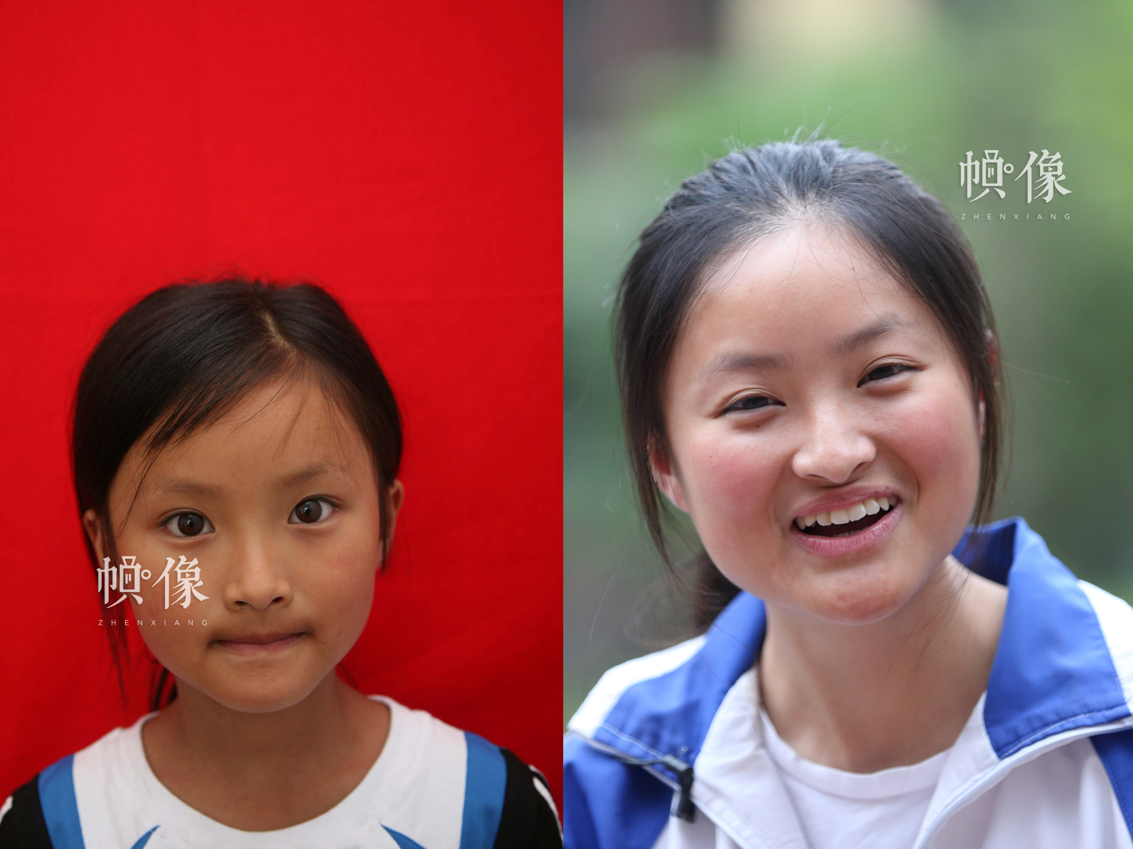5·12地震孤兒小恒（化名）10年前和現在的對比圖，今年她即將高考。安康家園供圖（左），中國網記者 陳維松 攝（右）。
