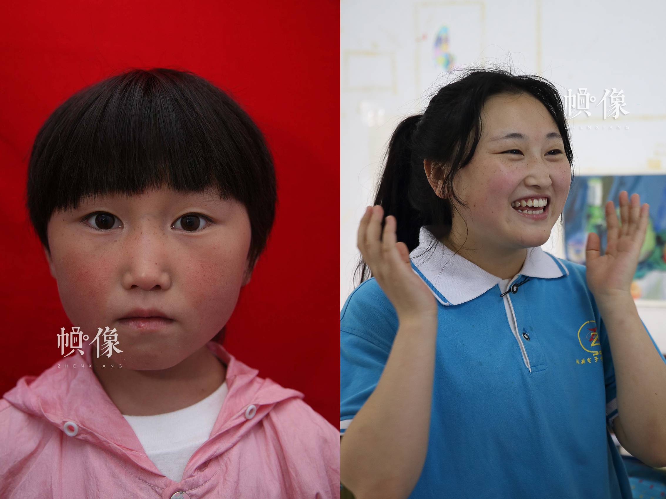 5·12地震孤兒小文（化名）10年前和現在的對比圖。在讀職高的她，未來希望成為一名幼師。安康家園供圖（左），中國網記者 陳維松 攝（右）