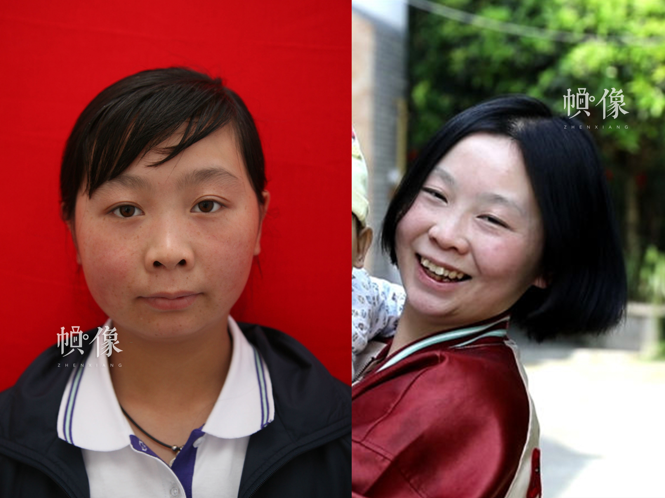 5·12地震孤儿赵花容10年前与现在的对比照，如今她已经结婚生子，有一个可爱的宝宝。安康家园供图（左），祁晗 摄（右）