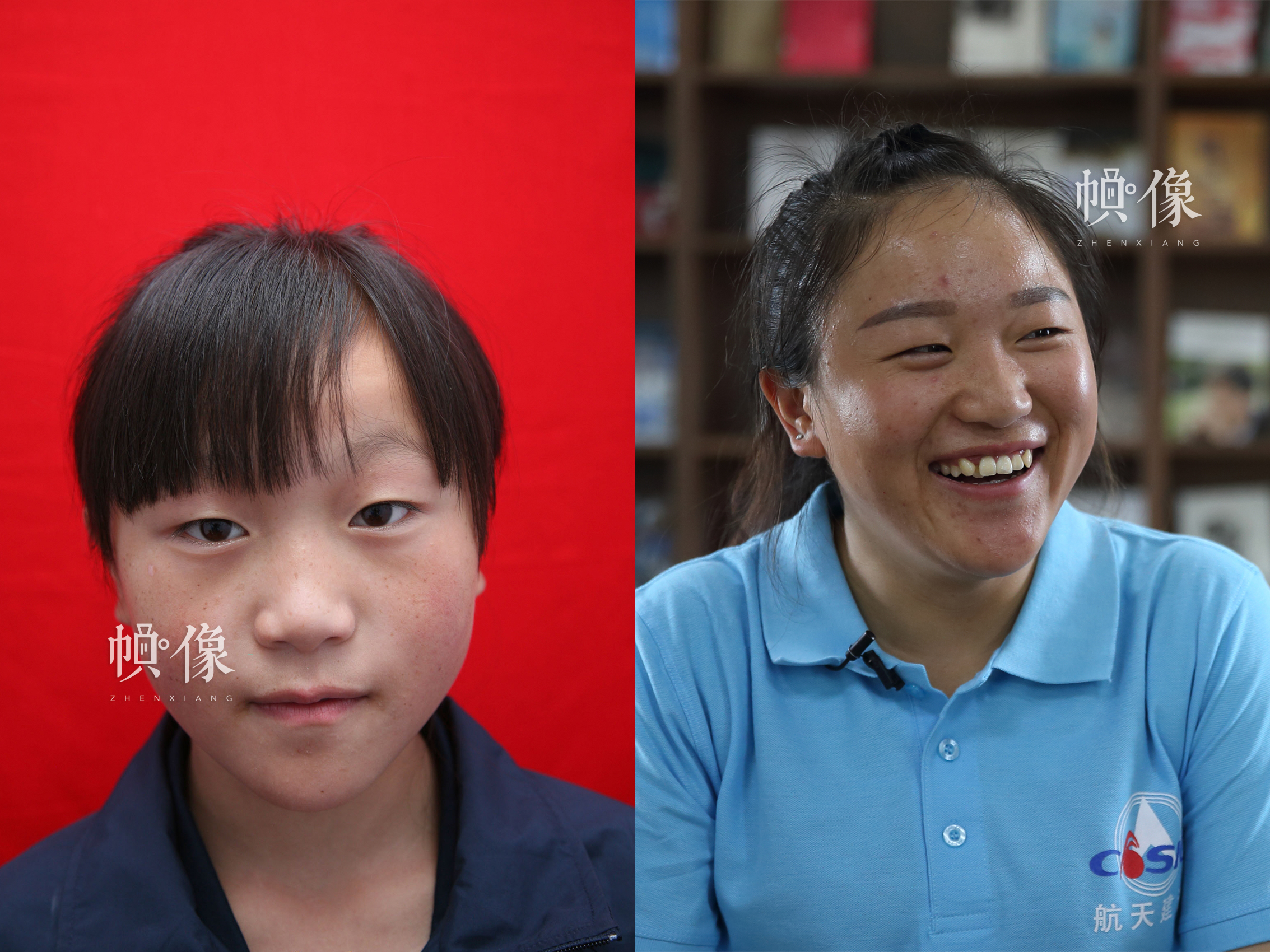 5·12地震孤兒周艷10年前與現在的對比照，她在“安康家園”生活了三年時間。如今她是一名塔吊司機，大家眼中的“女漢子”。安康家園供圖（左），中國網記者 陳維松 攝（右）。