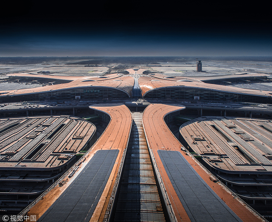 航拍北京大兴国际机场最新施工进度 现代设计感十足