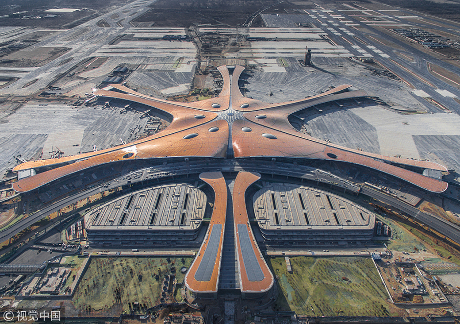 航拍北京大兴国际机场最新施工进度 现代设计