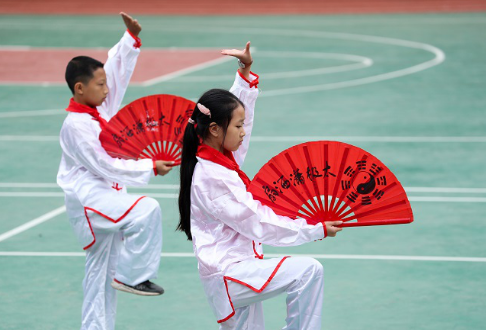 优秀传统文化传习基地华蓥市禄市小学的学生, 在分组展示持色武术 "