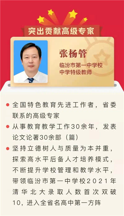 山西省临汾一中校长张杨管荣膺第三届临汾市委联系的突出贡献高级专家