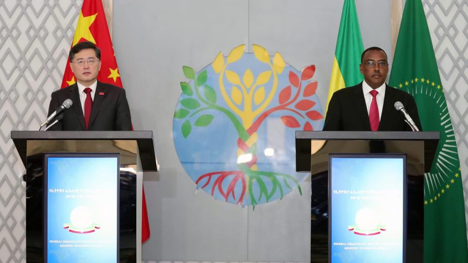 Chinese Foreign Minister Qin Gang (L) and Ethiopian Deputy Prime Minister and Foreign Minister Demeke Mekonnen attend a press conference after their talks in Addis Ababa, Ethiopia, January 10, 2023. /Xinhua