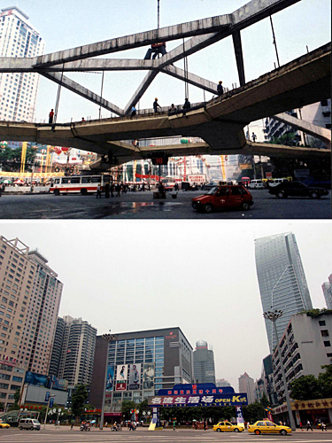 上图是摄于1999年的重庆江北区观音桥；下图是摄于2007年6月15日的观音桥新貌。