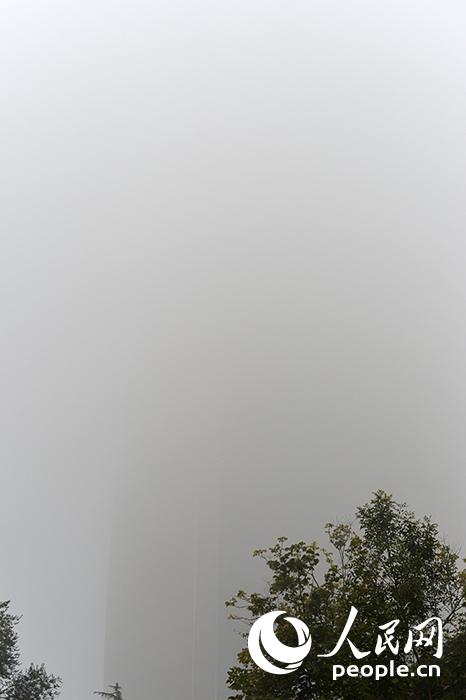 10月11日，大雾笼罩下，基本看不清的人民日报社新大楼。（人民网记者翁奇羽 摄）