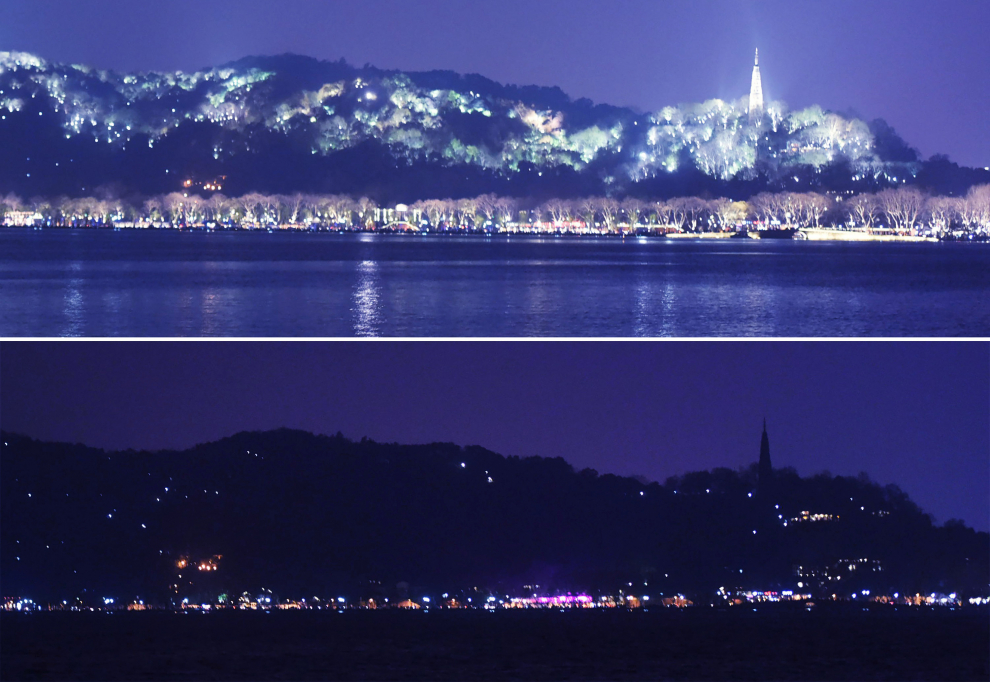 Espectacular imagen comparando la vista del Lago del Oeste, en la ciudad china de Hangzhou, antes y después del apagón.