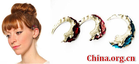 中国女孩刘蔓在2015年3月2日英国“金匠精工艺与设计大赛”中一人独揽三金二银五项大奖。这是刘蔓选送的一组耳饰系列作品。[中国网]