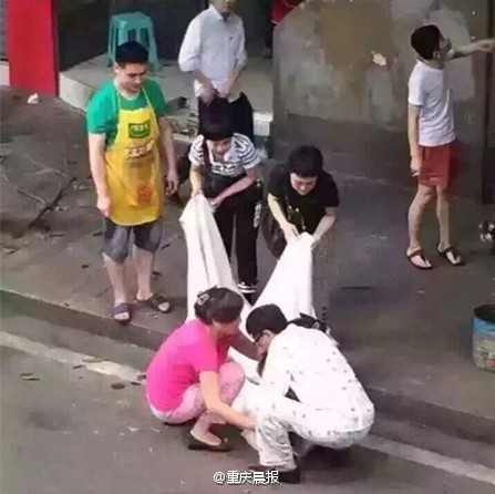最终二哈的主人和邻居用床单当气垫，将其救下。[weibo.com]