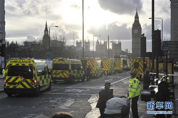 3月22日，救护车在英国伦敦的议会大厦外待命。英国警方22日晚宣布，已有5人在伦敦市中心的袭击事件中死亡，另有约40人受伤。 [新华社]