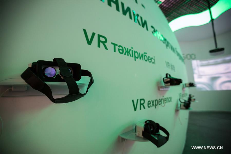 Photo taken on June 7, 2017 shows the 'Chinese Wisdom and Practice Section' of the Chinese Pavilion on the World Expo in Astana, Kazakhstan. The Chinese pavilion, with the theme 'Future energy, green Silk Road,' covers around 1,000 square meters and is among the largest at the expo. The Chinese pavilion will display the country's achievements in developing and using energy through multimedia, virtual reality technology and other means. (Xinhua/Wu Zhuang) 