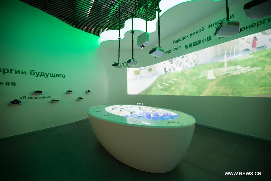 Photo taken on June 7, 2017 shows the 'Chinese Wisdom and Practice Section' of the Chinese Pavilion on the World Expo in Astana, Kazakhstan. The Chinese pavilion, with the theme 'Future energy, green Silk Road,' covers around 1,000 square meters and is among the largest at the expo. The Chinese pavilion will display the country's achievements in developing and using energy through multimedia, virtual reality technology and other means. (Xinhua/Wu Zhuang) 