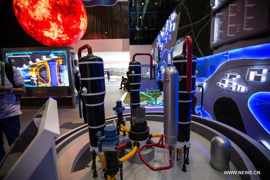 Photo taken on June 7, 2017 shows the 'Global Responsibility and Partnership Section' of the Chinese Pavilion on the World Expo in Astana, Kazakhstan. The Chinese pavilion, with the theme 'Future energy, green Silk Road,' covers around 1,000 square meters and is among the largest at the expo. The Chinese pavilion will display the country's achievements in developing and using energy through multimedia, virtual reality technology and other means. (Xinhua/Wu Zhuang) 