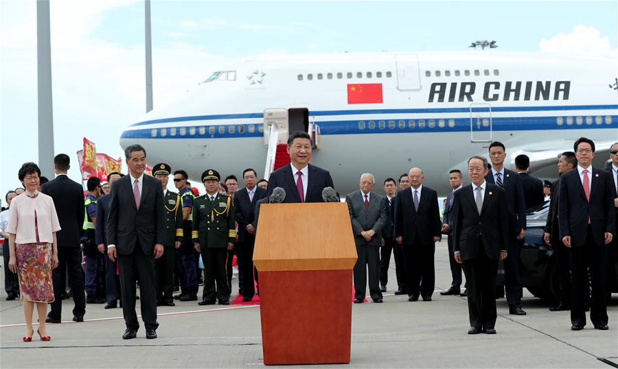 Chinese President Xi Jinping speaks upon his arrival in Hong Kong, south China, June 29, 2017. 