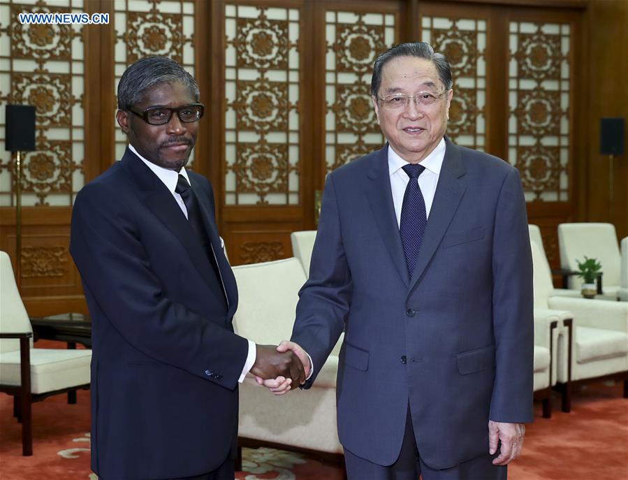 Yu Zhengsheng, chairman of the National Committee of the Chinese People&apos;s Political Consultative Conference, meets with Teodoro Nguema Obiang Mangue, vice president of Equatorial Guinea, in Beijing, capital of China, July 13, 2017. [Photo/Xinhua]