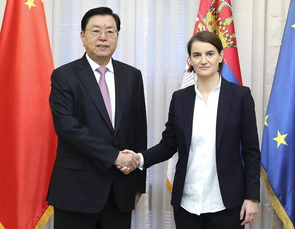 Zhang Dejiang, chairman of the Standing Committee of China&apos;s National People&apos;s Congress (NPC), meets with Serbian Prime Minister Ana Brnabic in Belgrade, Serbia, July 17, 2017. [Photo/Xinhua]