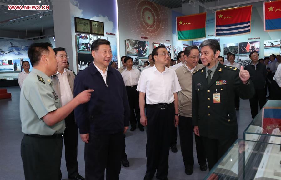 Chinese President Xi Jinping and other top Chinese leaders visit a major exhibition marking the 90th anniversary of the founding of the People&apos;s Liberation Army (PLA) at the Military Museum of the Chinese People&apos;s Revolution in Beijing, capital of China, July 21, 2017. Senior leaders Li Keqiang, Zhang Dejiang, Yu Zhengsheng, Liu Yunshan, Wang Qishan and Zhang Gaoli, also visited the exhibition. [Photo/Xinhua]