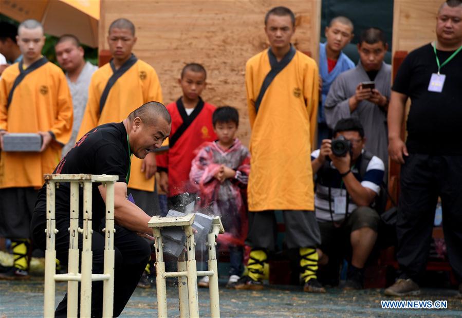 A contestant performs in the Iron Palm Kungfu category during a martial arts competition held in Shaolin Temple, central China&apos;s Henan province, July 30, 2017. The competition features four traditional events of Iron Palm Kungfu, Stone Lock Kungfu, Two-Finger Zen and Flying Knife Kungfu. (Xinhua/Li An)