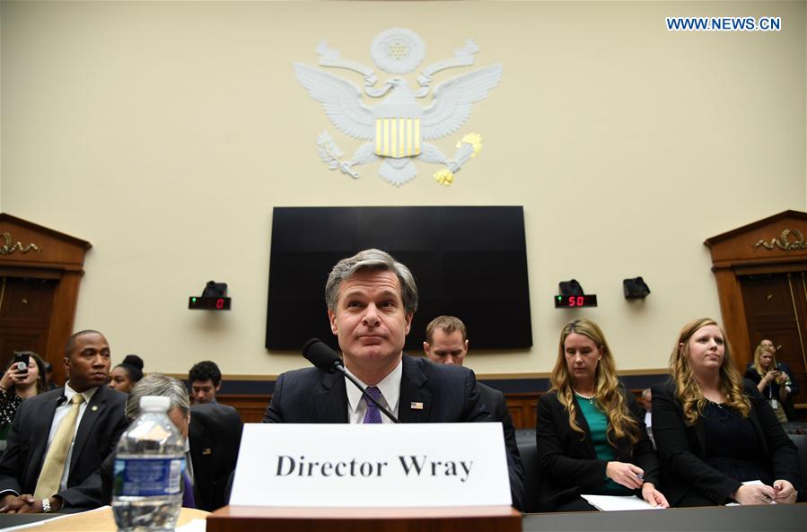 FBI Director Christopher Wray (C) testifies during a House Judiciary Committee hearing on Capitol Hill in Washington D.C., the United States, Dec. 7, 2017. [Photo/Xinhua]