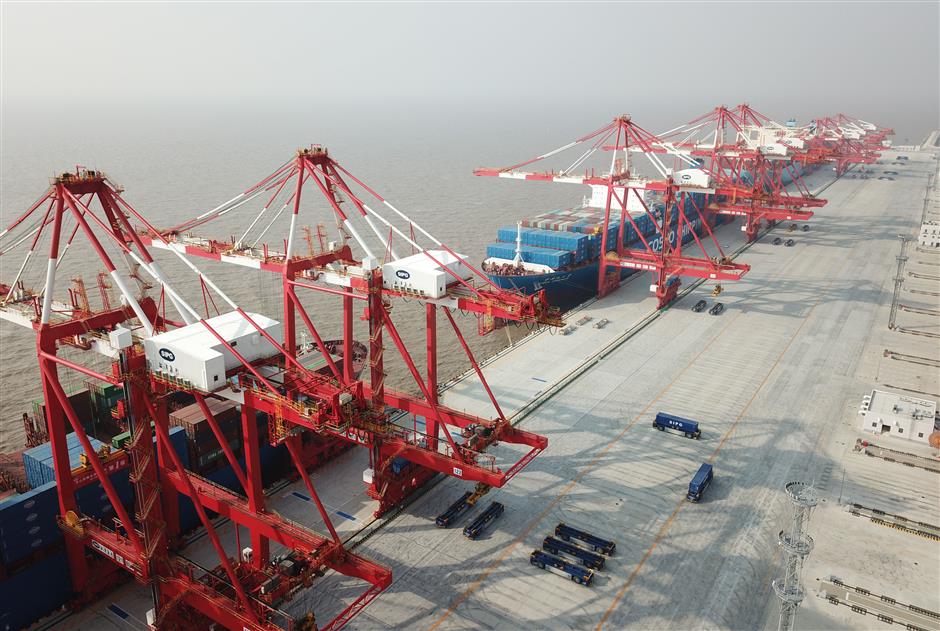 A bird’s-eye view shows the fourth phase of the Yangshan Deep-Water Port in Shanghai.