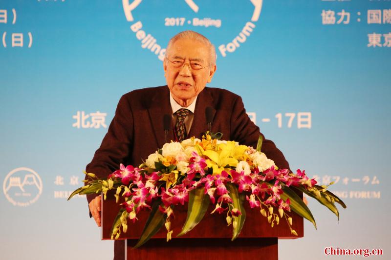Kazuo Ogoura, president of the Japan Foundation and former Japanese ambassador to the Republic of Korea and France, speaks during the closing ceremony of the 13th Beijing-Tokyo Forum in Beijing on Dec.17, 2017. [Photo by Gao Zhan/China.org.cn]