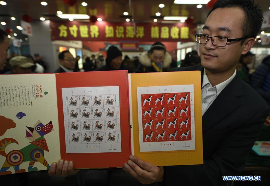 A staff member of China Post presents zodiac stamps for the Year of the Dog in Yinchuan, capital of northwest China's Ningxia Hui Autonomous Region, Jan. 5, 2018. China Post issued a set of special zodiac stamps for the Year of Dog with two different designs Friday. The Year of Dog, or Chinese traditional lunar New Year of this year, starts from Feb. 16. [Photo/Xinhua]
