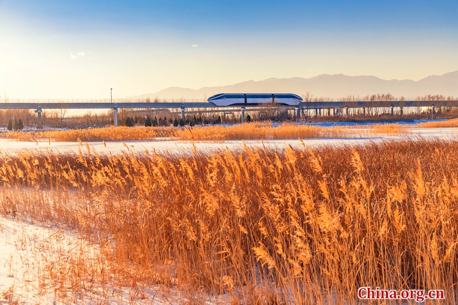 The BYD SkyRail train runs on the monorail track in Yinchuan, Ningxia Hui Autonomous Region, Jan. 10, 2018. [Photo provided to China.org.cn]
