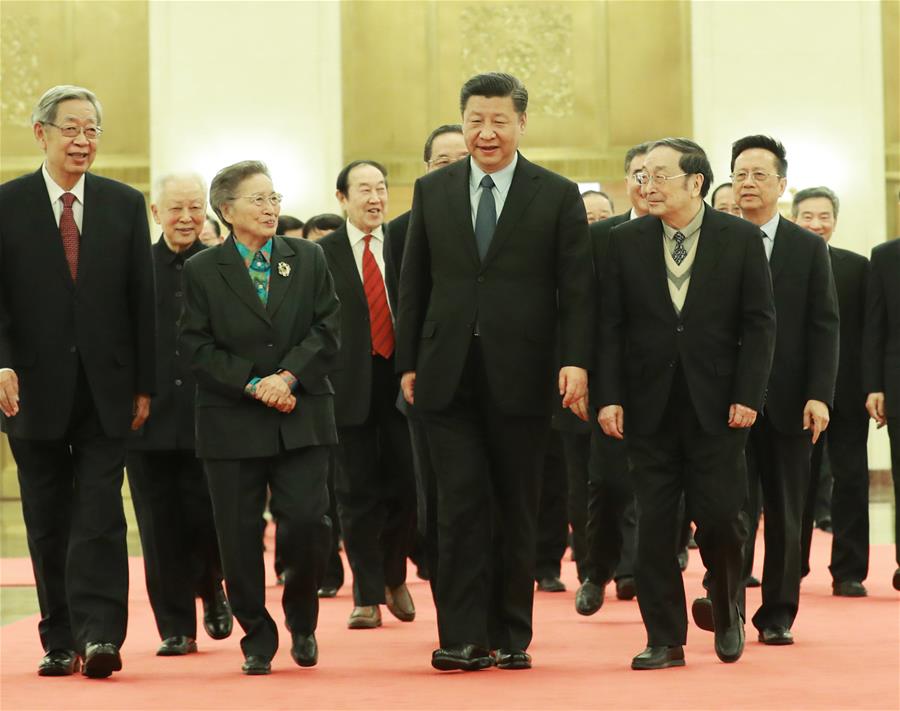 Chinese President Xi Jinping (2nd R, front) and other senior leaders Yu Zhengsheng, Wang Yang, Wang Huning and Han Zheng attend a gathering and extend lunar New Year greetings to leaders from non-Communist parties, the All-China Federation of Industry and Commerce and those without party affiliation in Beijing, capital of China, Feb. 6, 2018. [Photo/Xinhua]