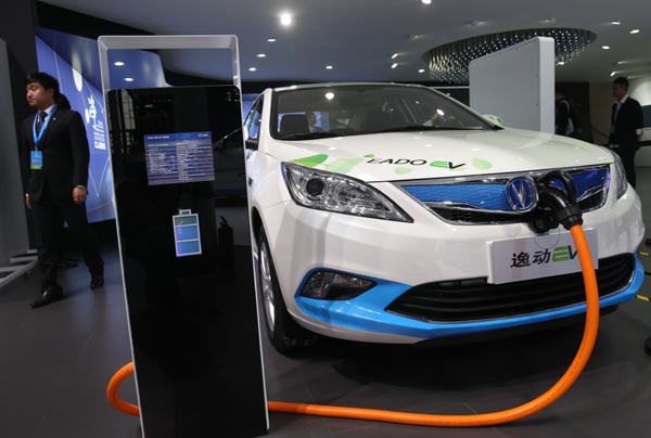 A Changan electronic car, one of the domestic brands, on display at the Shanghai auto show. [Photo/China Daily]