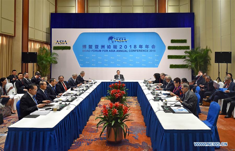 Yasuo Fukuda, chairman of Boao Forum for Asia (BFA), chairs the BFA Board of Directors Meeting in Boao, south China's Hainan Province, April 9, 2018. [Photo/Xinhua]
