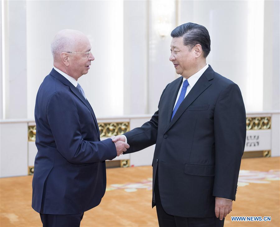Chinese President Xi Jinping (R) meets with Klaus Schwab, founder and executive chairman of the World Economic Forum (WEF), in Beijing, capital of China, April 16, 2018. [Photo/Xinhua]