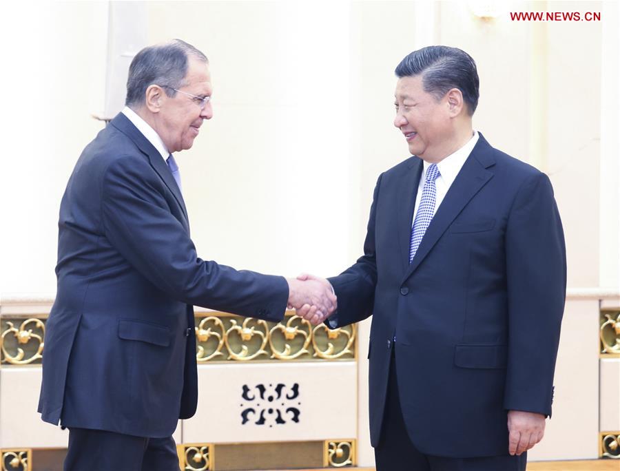 Chinese President Xi Jinping (R) meets with Russian Foreign Minister Sergei Lavrov at the Great Hall of the People in Beijing, capital of China, April 23, 2018. [Photo/Xinhua]