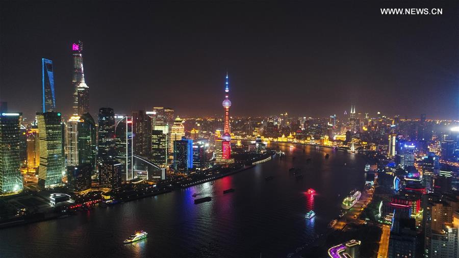 Photo taken on April 14, 2017 shows an aerial night view of Shanghai, east China. [Photo/Xinhua]