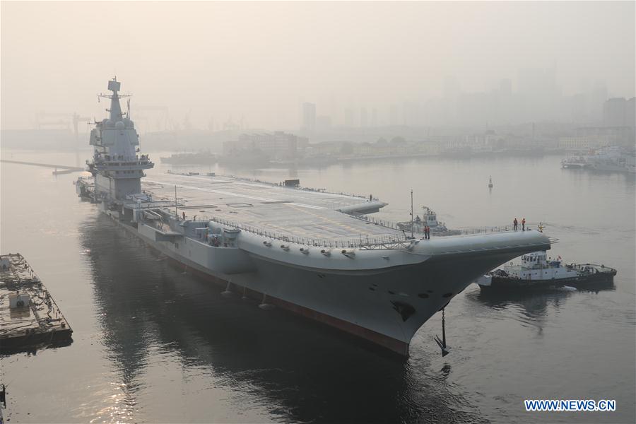 China's first home-built aircraft carrier leaves Dalian in northeast China's Liaoning Province for sea trials on May 13, 2018. [Photo/Xinhua]