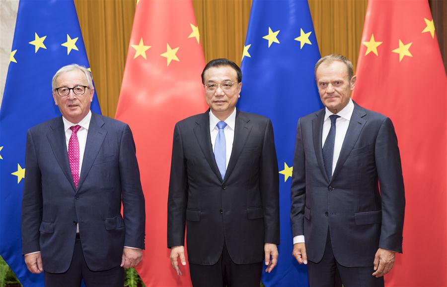 Chinese Premier Li Keqiang (C), European Council President Donald Tusk (R) and European Commission President Jean-Claude Juncker co-chair the 20th China-EU leaders' meeting at the Great Hall of the People in Beijing, capital of China, July 16, 2018. [Photo/Xinhua]