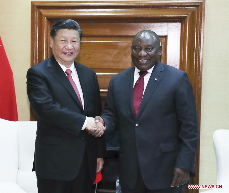 Chinese President Xi Jinping (L) and his South African counterpart Cyril Ramaphosa hold talks in Pretoria, South Africa, July 24, 2018. [Photo/Xinhua]