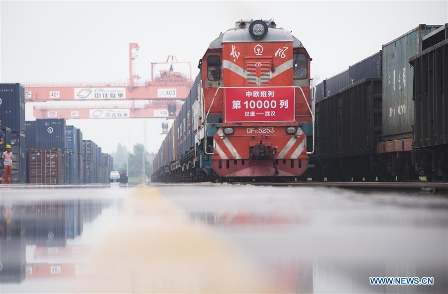 The freight train X8044 from Hamburg of Germany arrives at Wujiashan railway container center station in Wuhan, central China's Hubei Province, Aug. 26, 2018. [Photo/Xinhua]